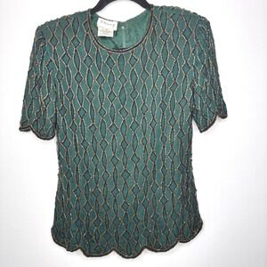 Vintage‎ Sténay Beaded Top Womens Size M Green Gold Black Scalloped Party Blouse